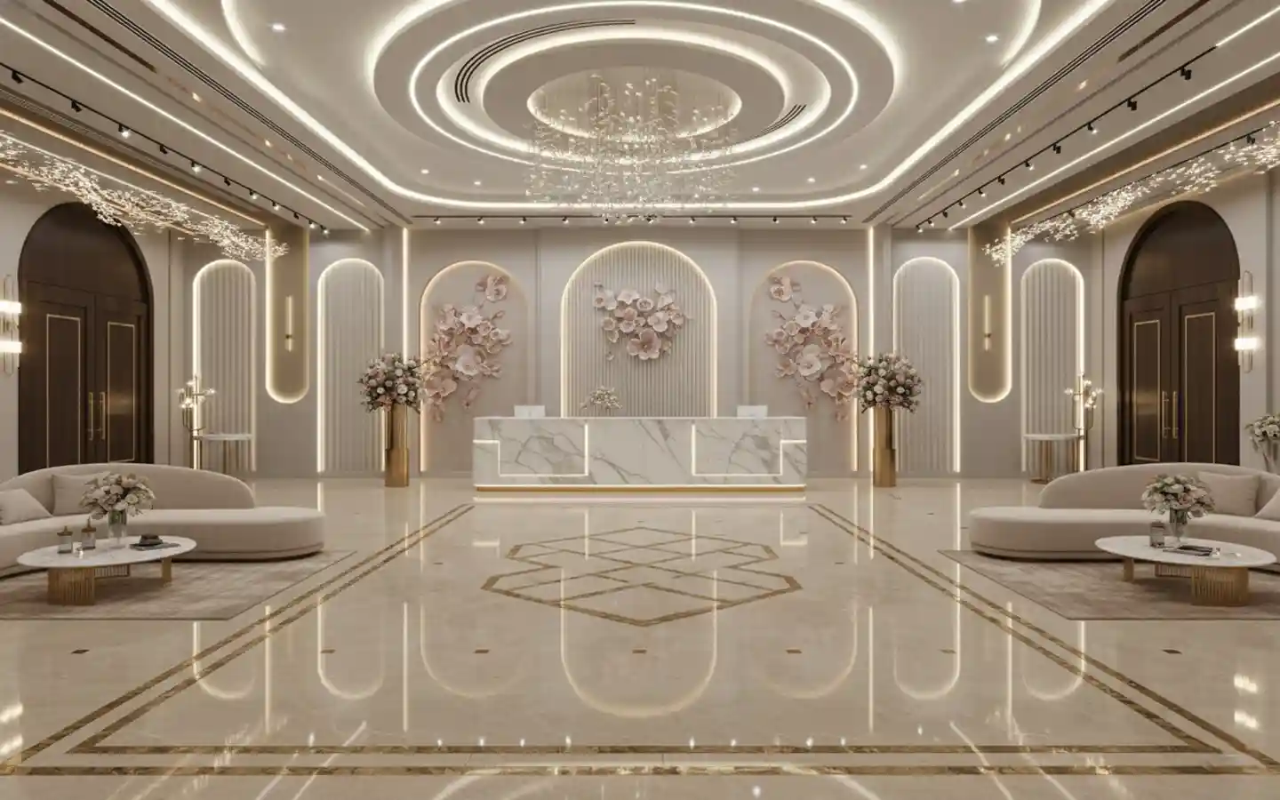 Modern banquet hall lobby featuring a circular LED false ceiling, marble reception desk, and 3D floral wall art decorations