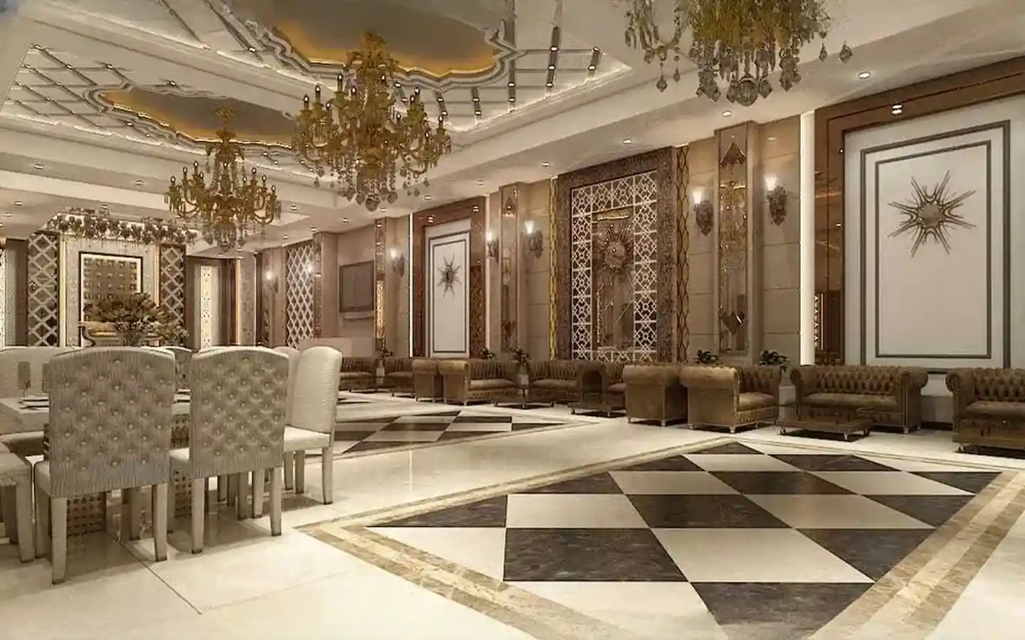 Spacious banquet hall interior featuring luxury leather sofas, elegant dining chairs, and decorative tray ceiling with gold chandeliers