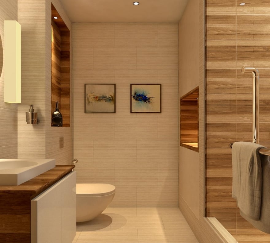 Modern minimalist bathroom interior featuring textured cream wall tiles, warm wood-paneled recessed shelving with ambient lighting, a floating white toilet, and contemporary blue abstract wall art