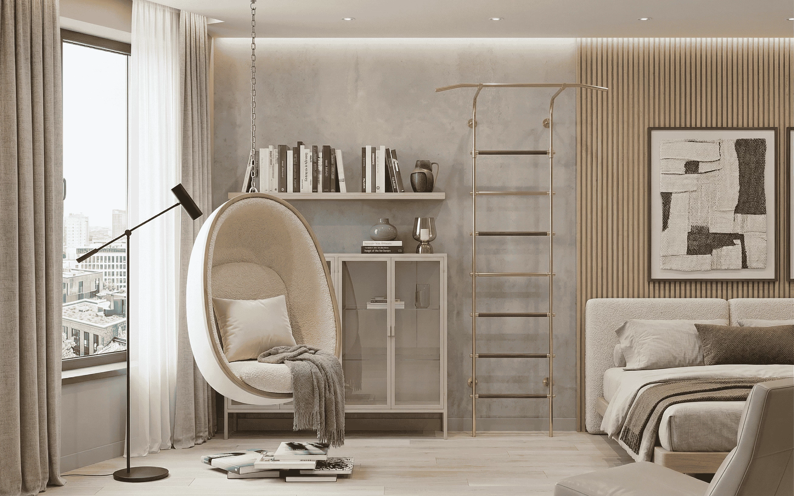 Minimalist master bedroom featuring a white hanging egg chair, a luxury gold Swedish ladder gym bar, and vertical wood slat wall panels