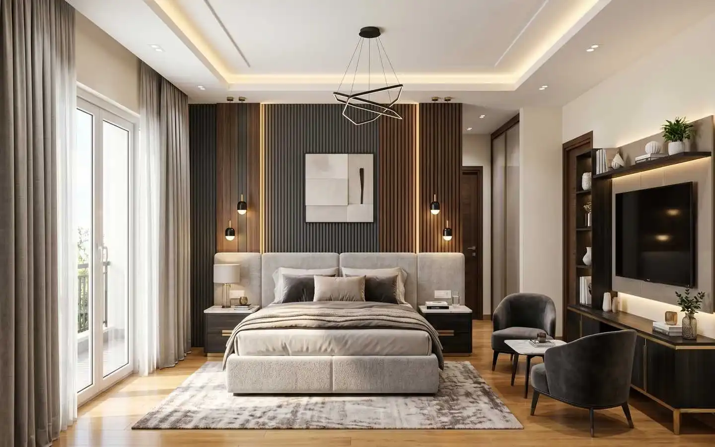 A sophisticated modern bedroom with wood slat wall paneling, an upholstered bed, and elegant ambient lighting designed by professional interior decorators in Delhi NCR