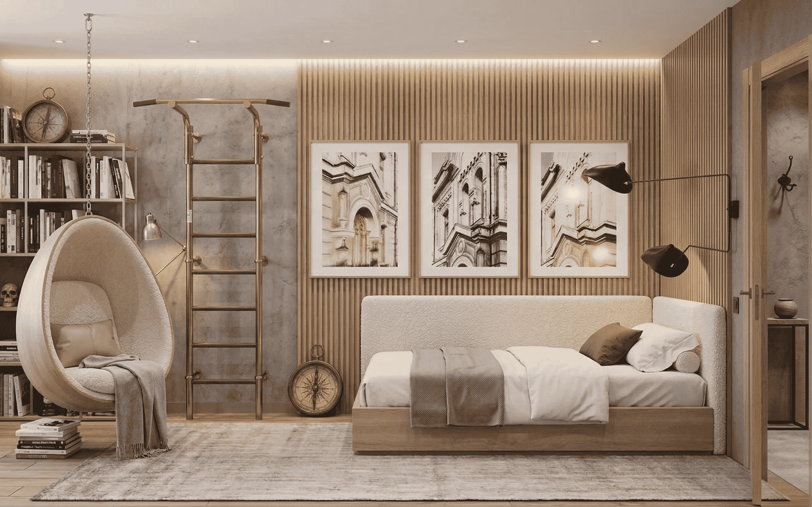 Modern bedroom featuring a white hanging egg chair, a luxury gold Swedish ladder for home exercise, and vertical wood slat wall panels behind a contemporary daybed