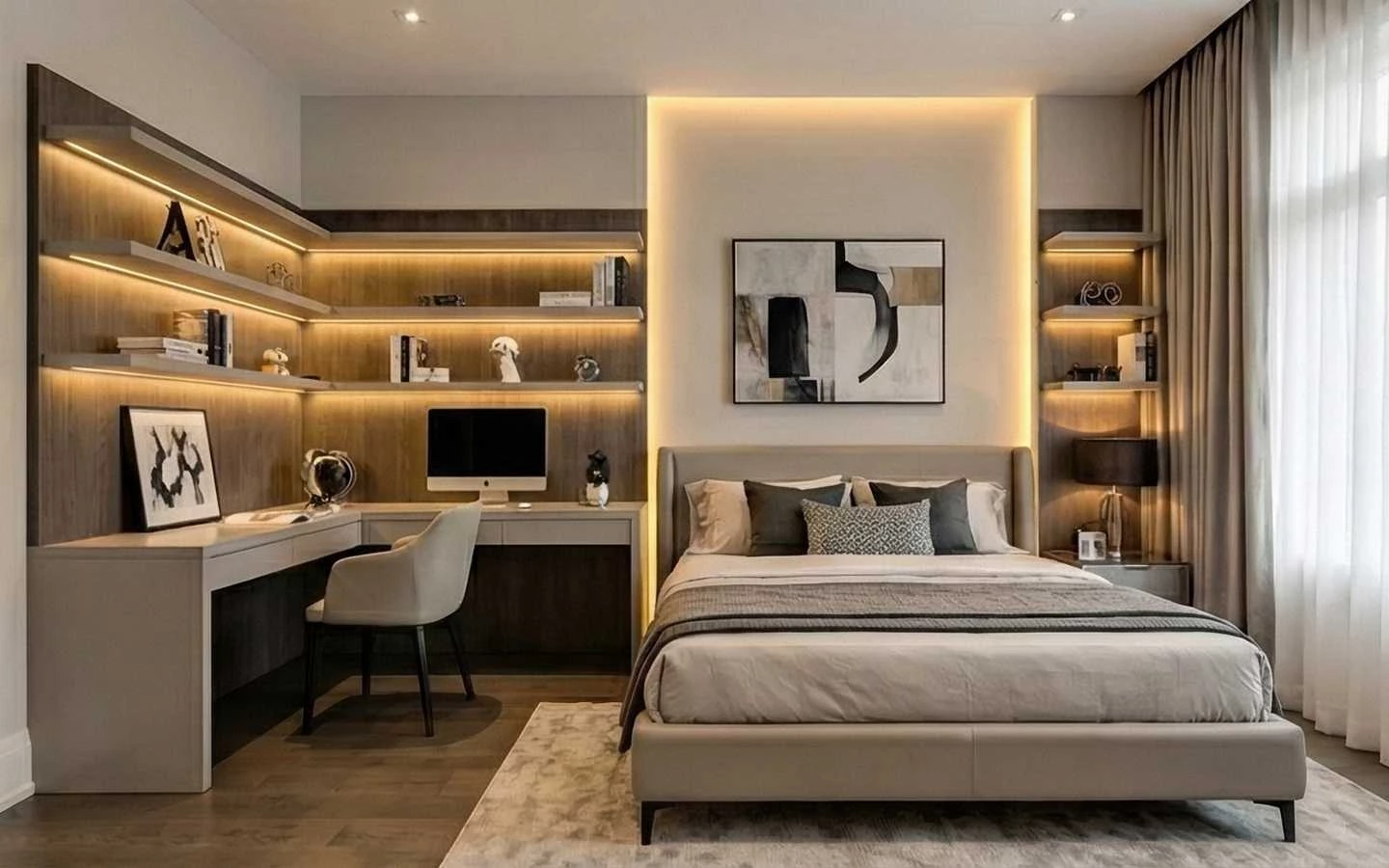Modern bedroom interior featuring an integrated corner home office desk, backlit wooden floating shelves, and a beige upholstered bed with a recessed LED light headboard feature