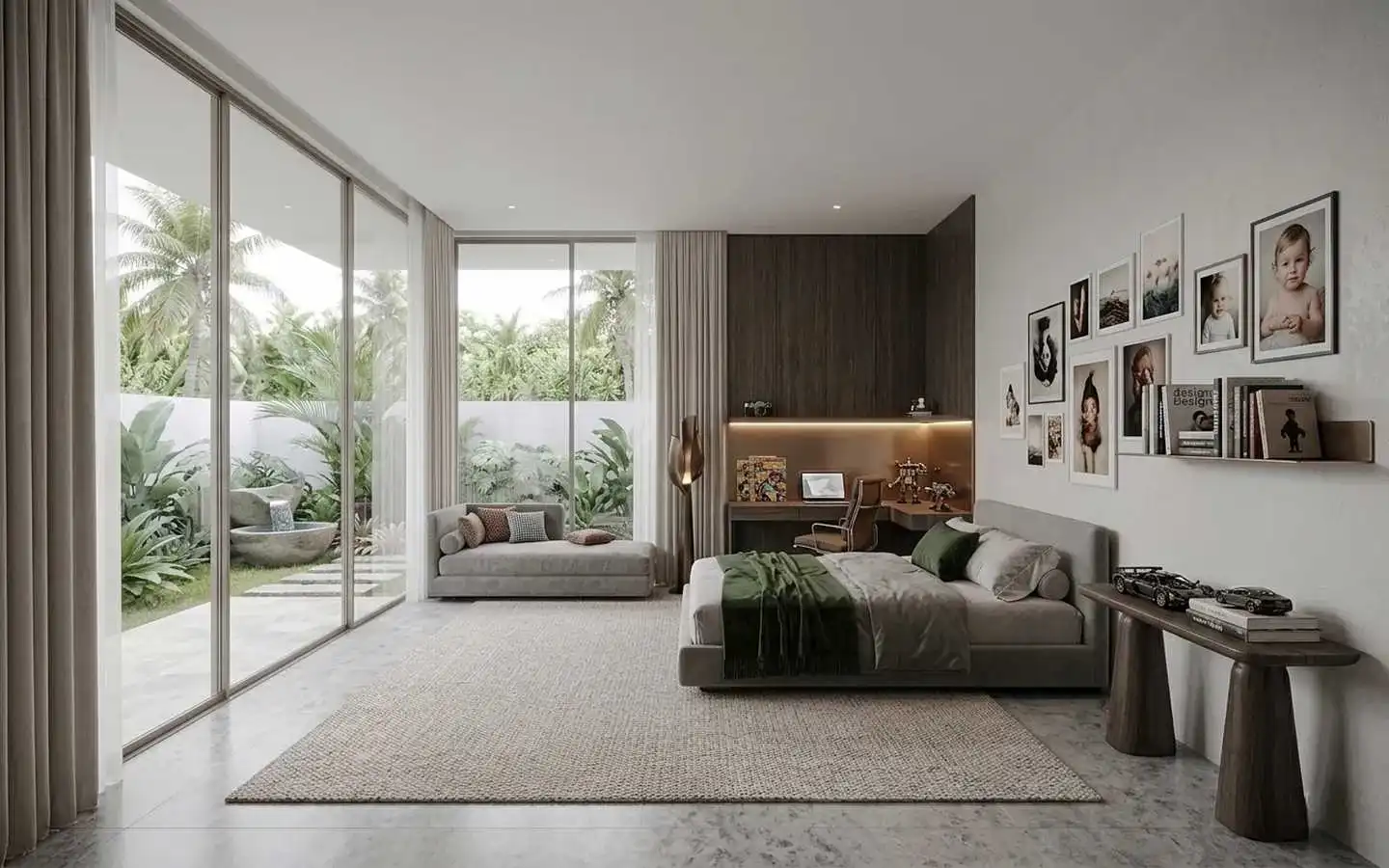 Luxury kids bedroom featuring a built-in dark wood study desk with LED lighting, a grey upholstered bed, and large glass doors leading to a courtyard with a water feature