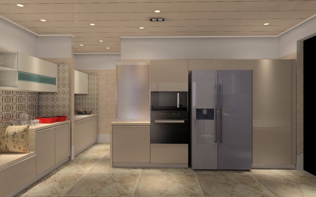 Modern beige home kitchen interior featuring sleek integrated appliances, a double-door refrigerator, patterned tile backsplash, and a light wood-paneled ceiling with recessed lighting