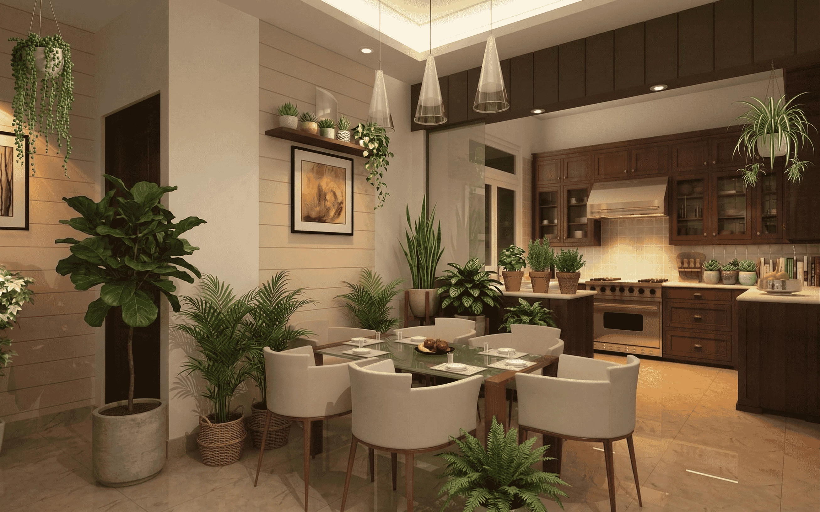Modern biophilic interior design featuring an open-concept kitchen and dining area filled with various indoor plants, wood cabinetry, and a glass-top dining table with contemporary white chairs