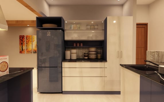 Modern kitchen interior design featuring blue and glossy off-white cabinets, a matching blue refrigerator, black countertops, and open shelving displaying neatly arranged dishes
