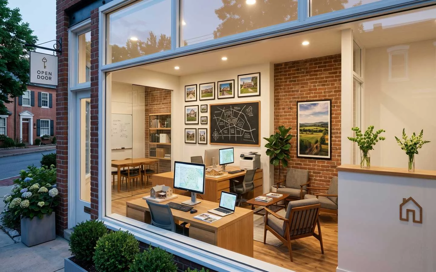Modern boutique real estate office interior featuring exposed brick walls, oak desks, mid-century furniture, and professional property displays