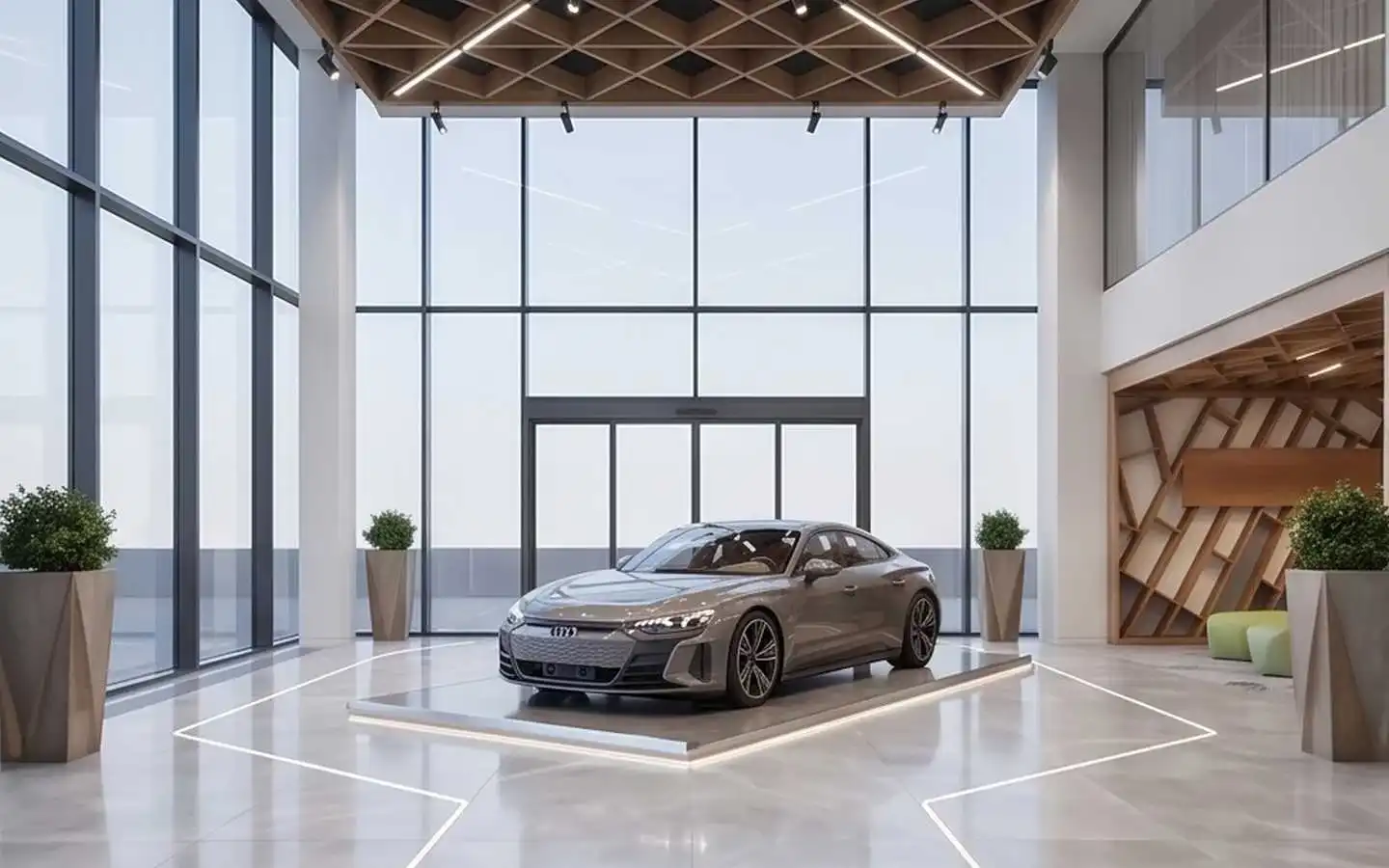 Modern luxury car showroom interior featuring a minimalist design with floor-to-ceiling glass walls, a geometric wooden ceiling, and a grey electric vehicle on a light-up display platform