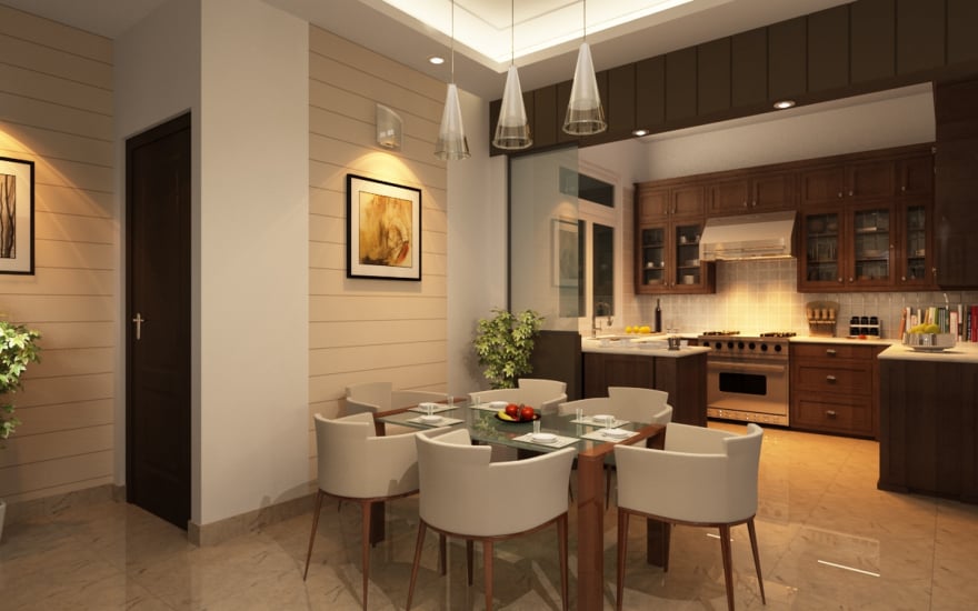 Modern classic interior design featuring a dark wood kitchen with a stainless steel range, an adjacent dining area with a glass table and beige tub chairs, and three elegant cone-shaped pendant lights