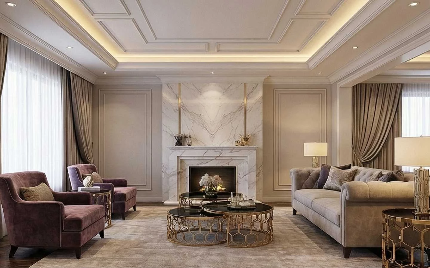 Sophisticated modern classic living room featuring a white marble fireplace, elegant coffered ceiling with cove lighting, mauve velvet armchairs, and gold honeycomb coffee tables