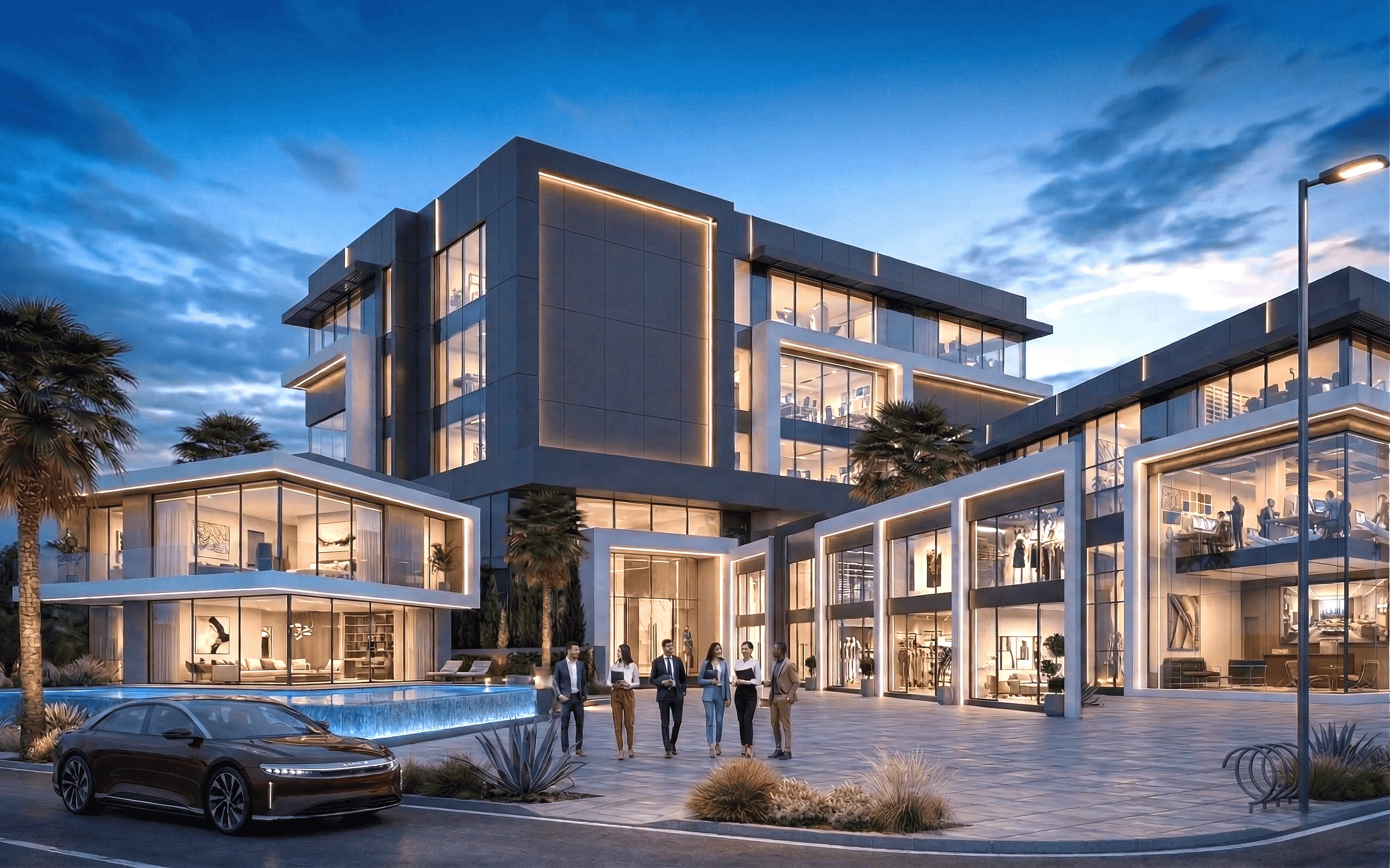 Modern multi-story commercial office building with glass facade and warm architectural lighting at dusk