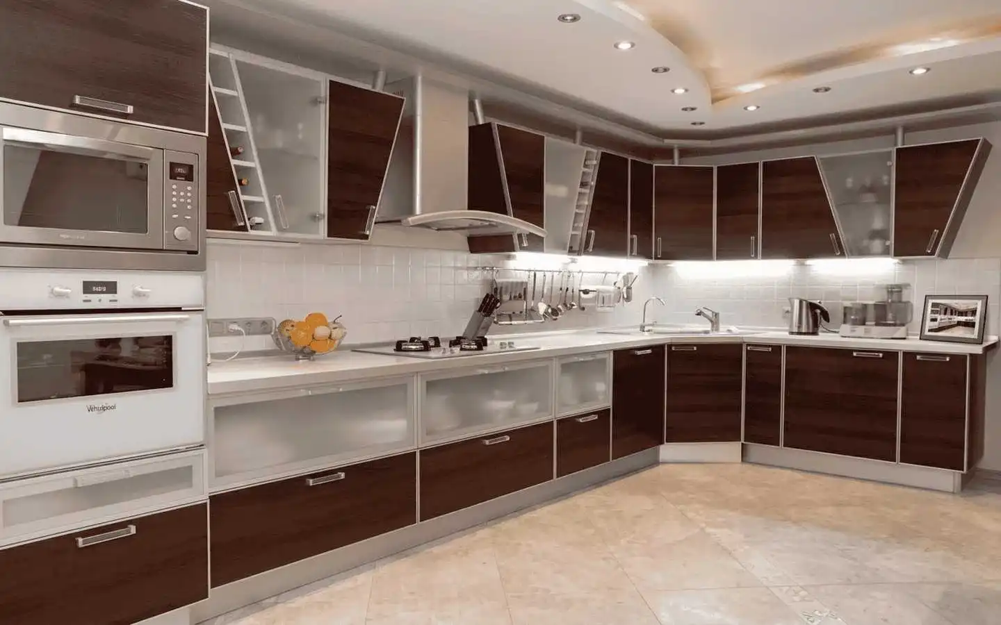 Modern kitchen interior design featuring angular dark wood cabinetry with frosted glass panels, white countertops, built-in stainless steel appliances, and a custom ceiling with recessed lighting