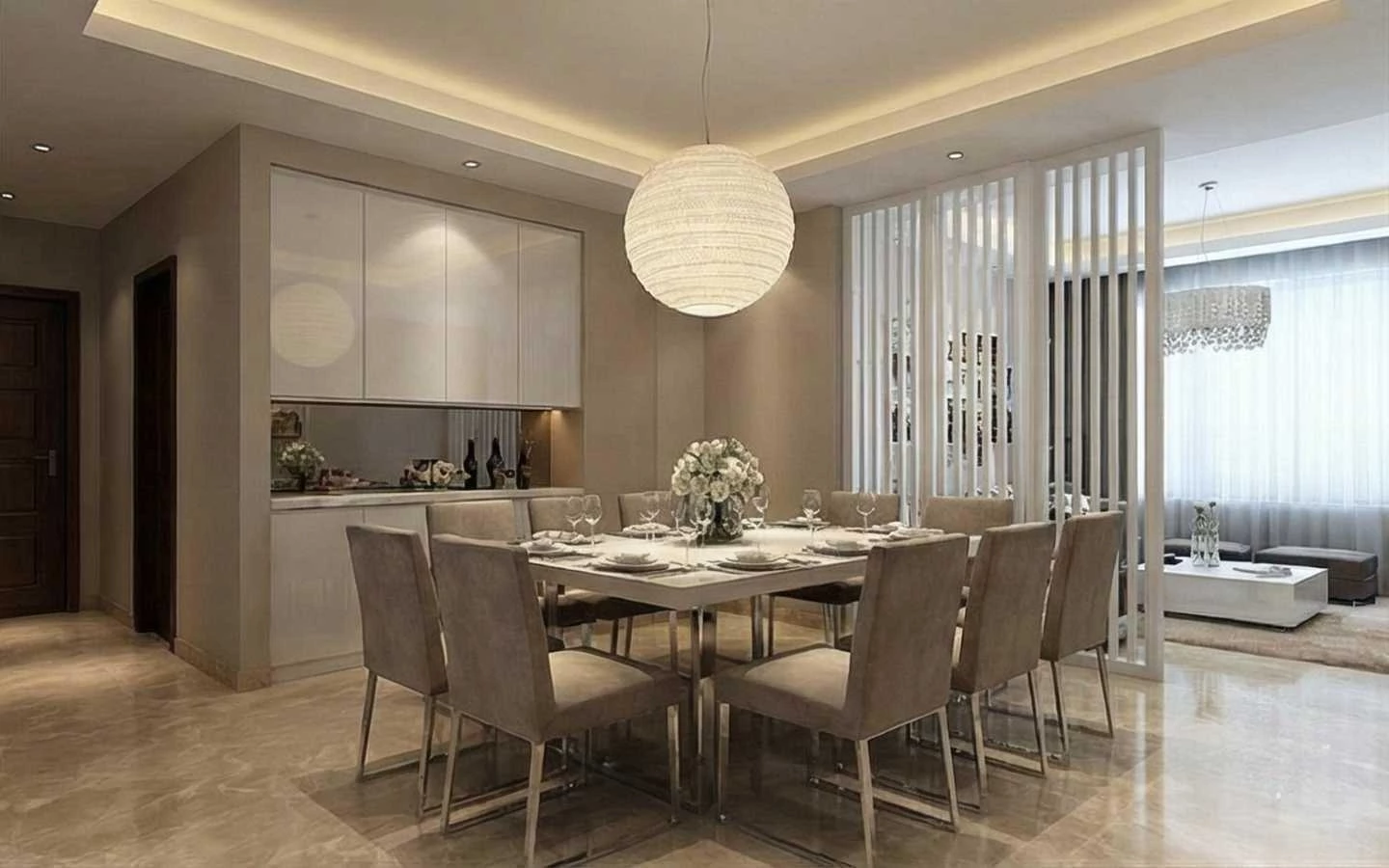 Modern minimalist dining area featuring a square dining table, beige upholstered chairs, a white slat room divider, and a sleek built-in home bar with gloss cabinetry