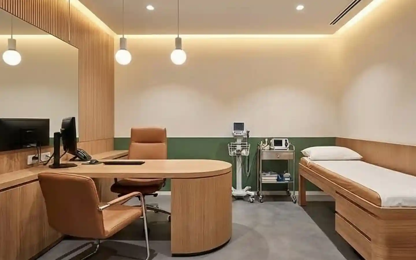 Modern doctor's consultation room featuring a curved wooden desk, leather chairs, patient examination bed, and fluted wood wall panels with warm pendant lighting