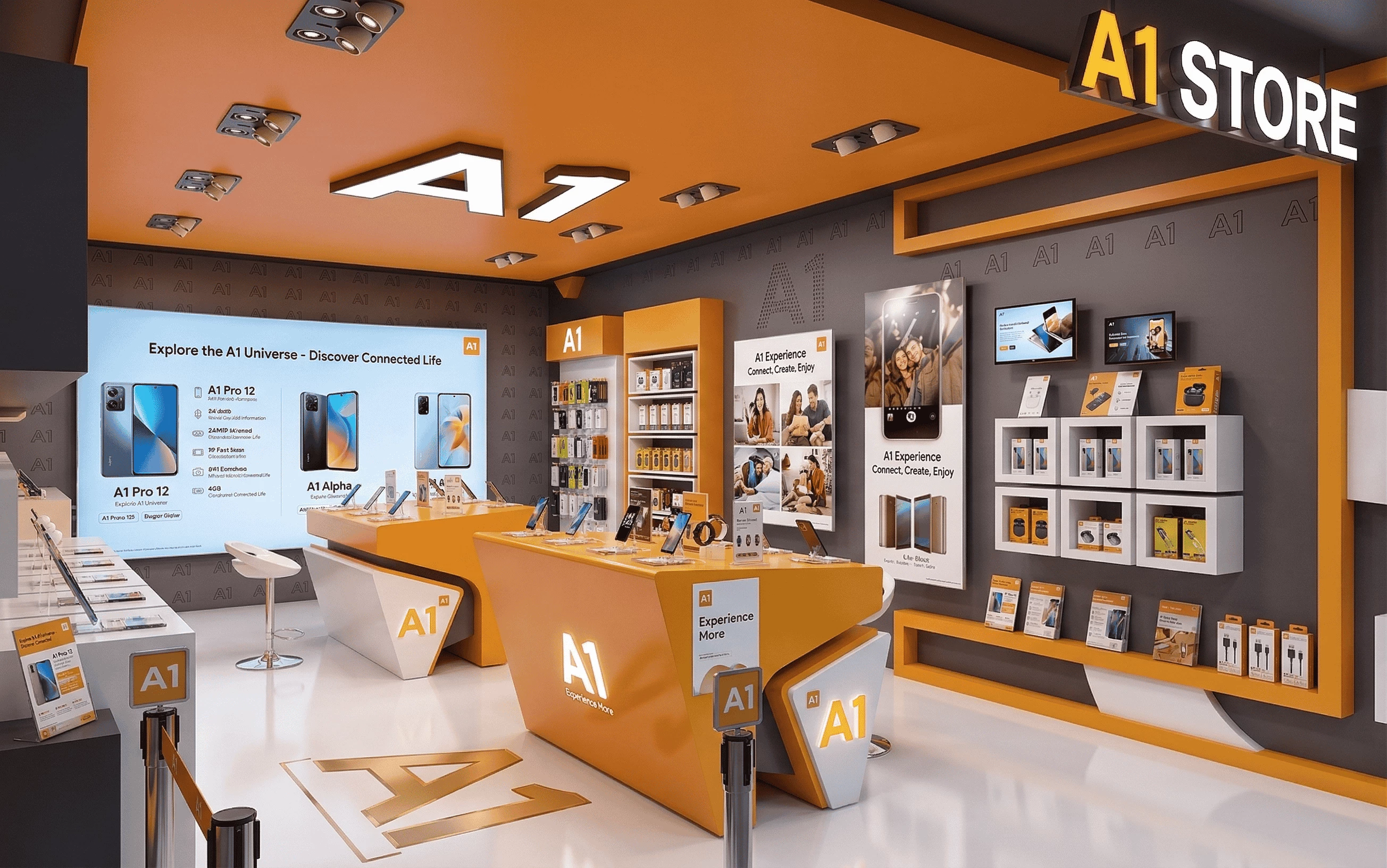 Modern electronics retail store interior featuring orange and grey branding, sleek display counters for smartphones, integrated digital signage, and a clean, high-gloss white floor