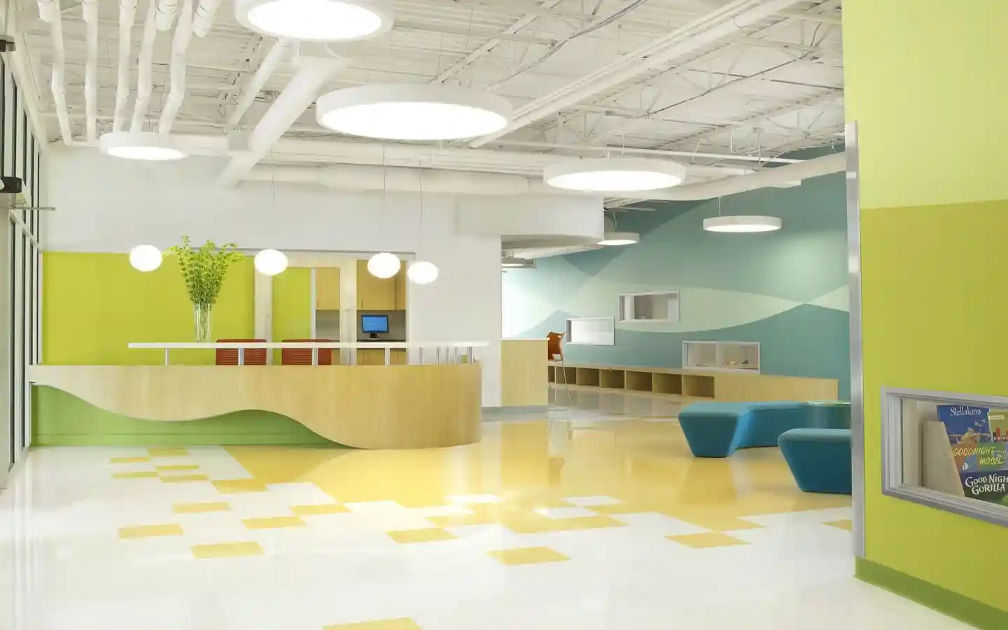 Modern elementary school reception area featuring a curved wooden desk, bright yellow and white flooring, and vibrant green accent walls