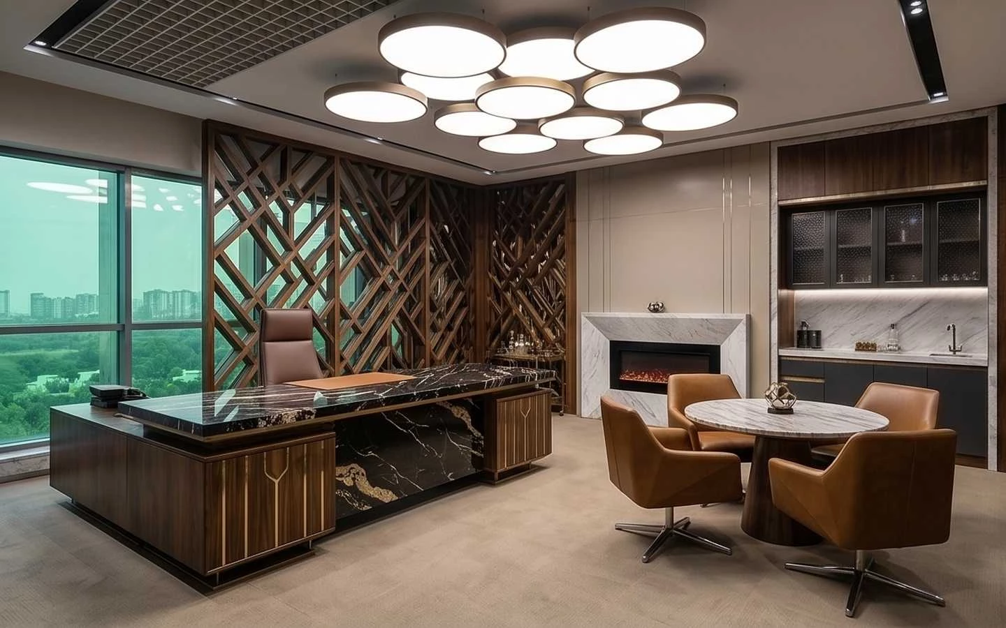 Modern luxury executive office featuring a black marble desk, geometric wood wall paneling, a marble fireplace, and circular designer ceiling lights