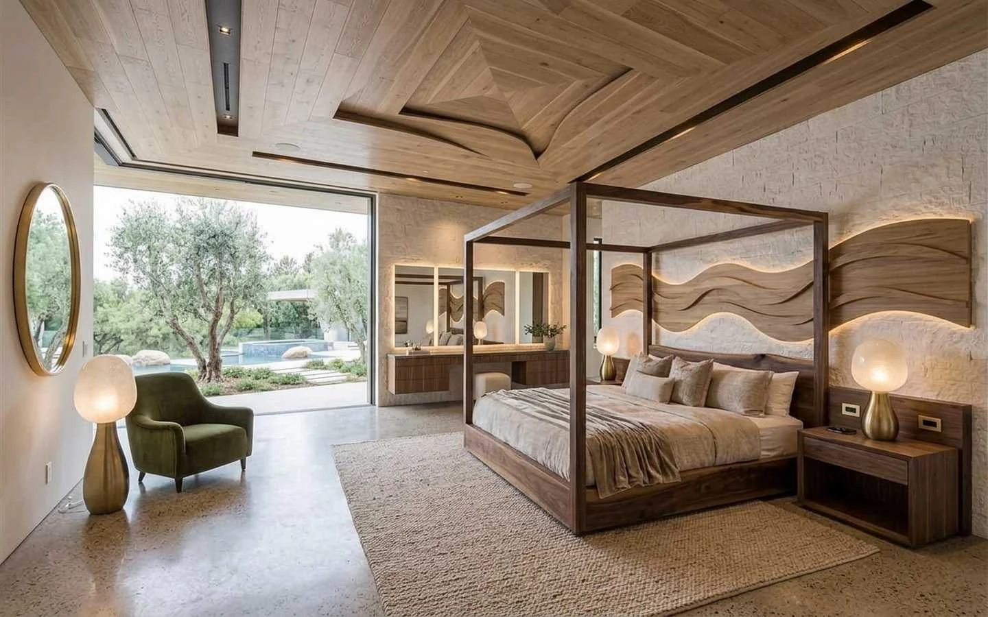 Luxury organic farmhouse master suite featuring a dark wood canopy bed, built-in vanity desk with lighted mirrors, and a decorative wood-slat ceiling