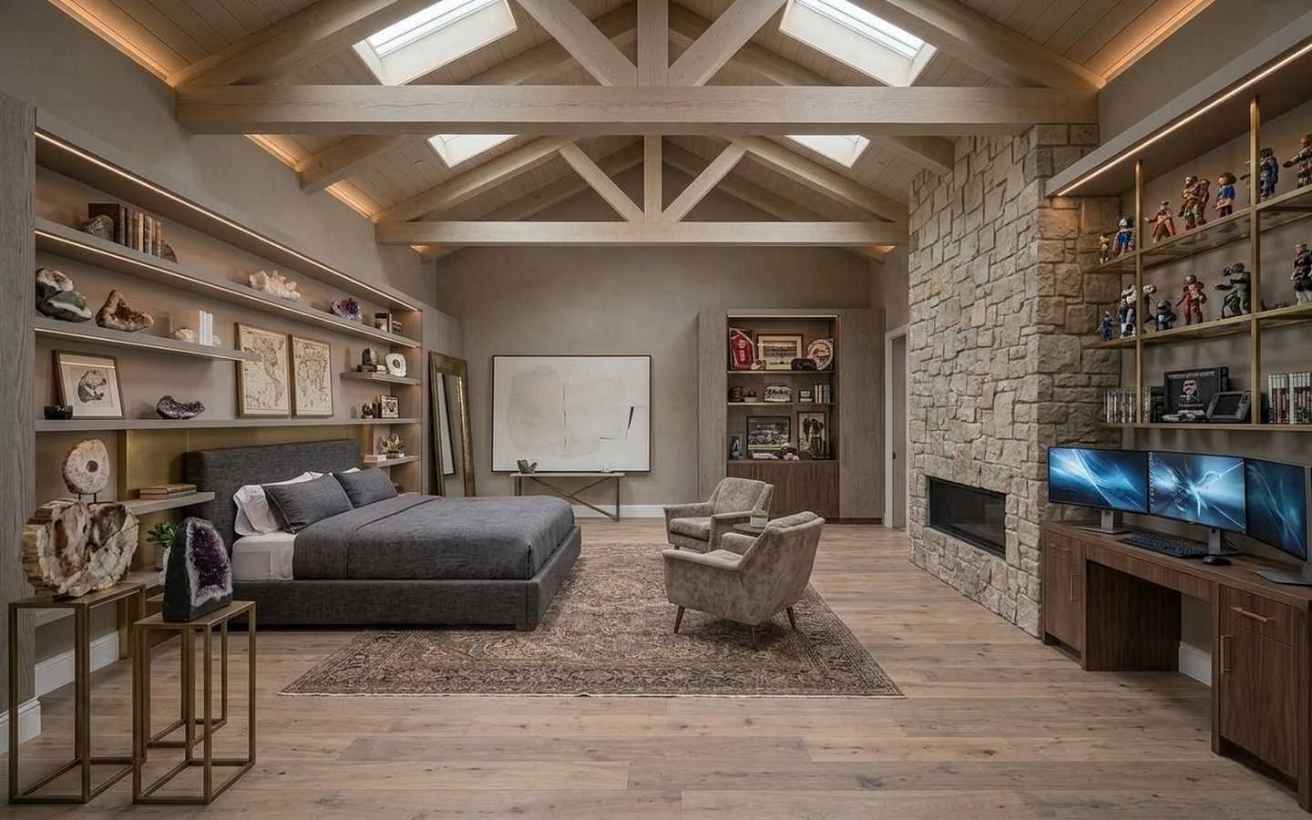 Luxury modern farmhouse bedroom with a timber truss ceiling, stone fireplace, custom built-in shelving for collectibles, and an integrated triple-monitor gaming desk