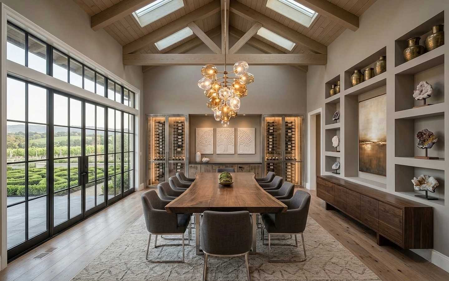 Luxury modern farmhouse dining room with a live-edge walnut table, vaulted ceilings with skylights, built-in wine display cabinets, and iron-frame glass doors overlooking a vineyard