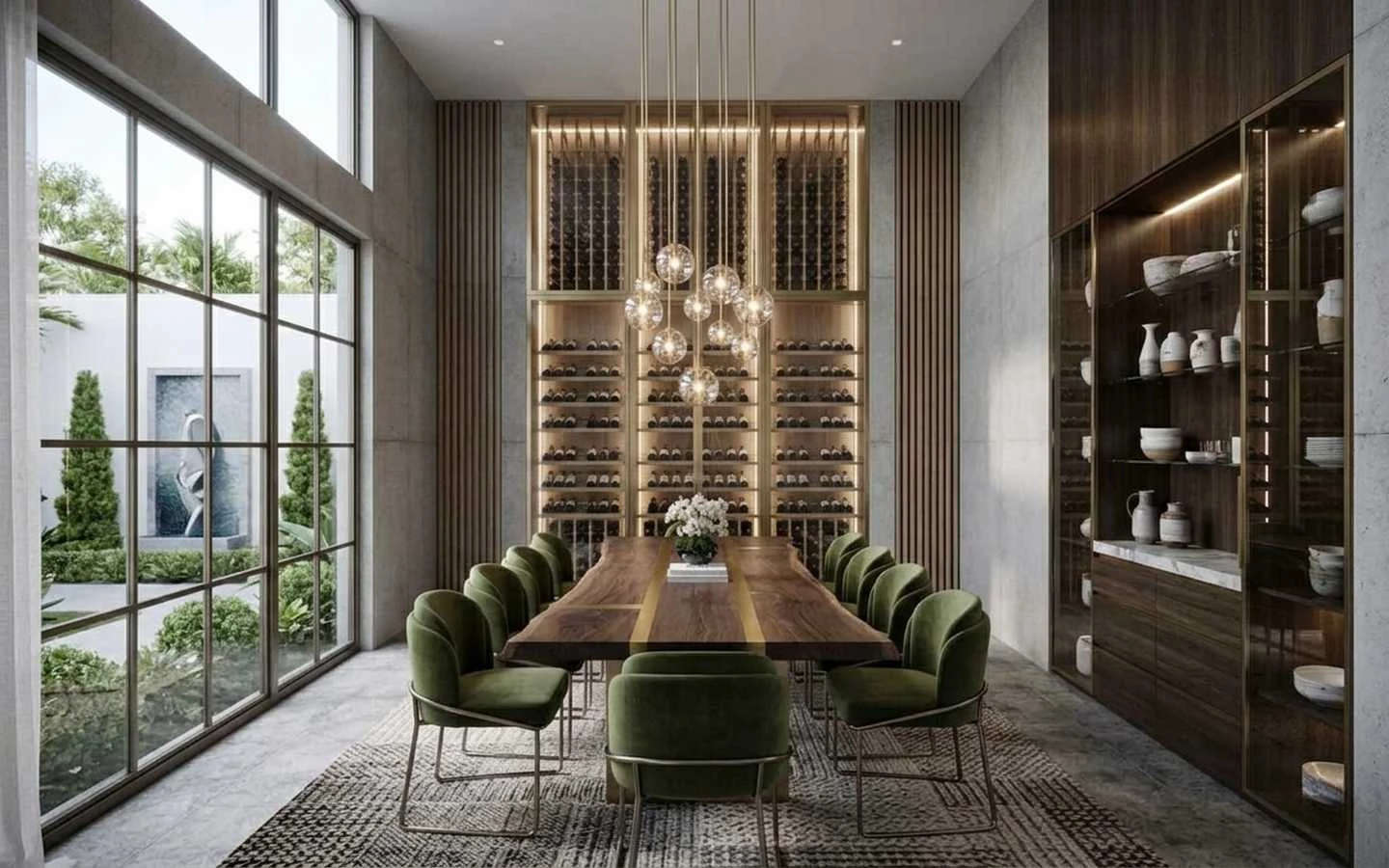 Modern farmhouse dining room featuring a live-edge walnut table with brass inlay, green velvet chairs, and a floor-to-ceiling glass wine display
