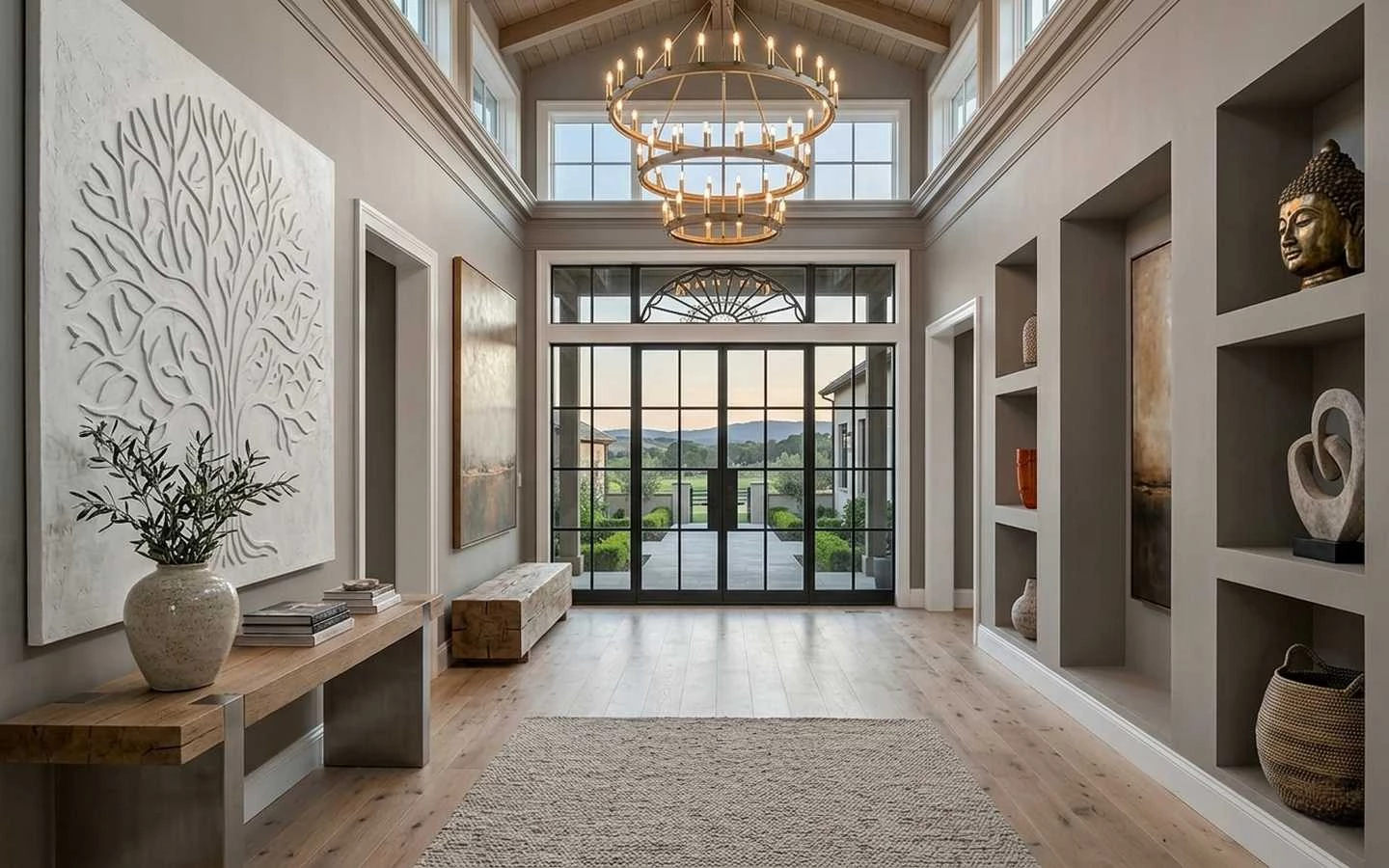 Luxury modern farmhouse entryway with cathedral ceilings, a two-tier wagon wheel chandelier, black iron French doors, and built-in art niches