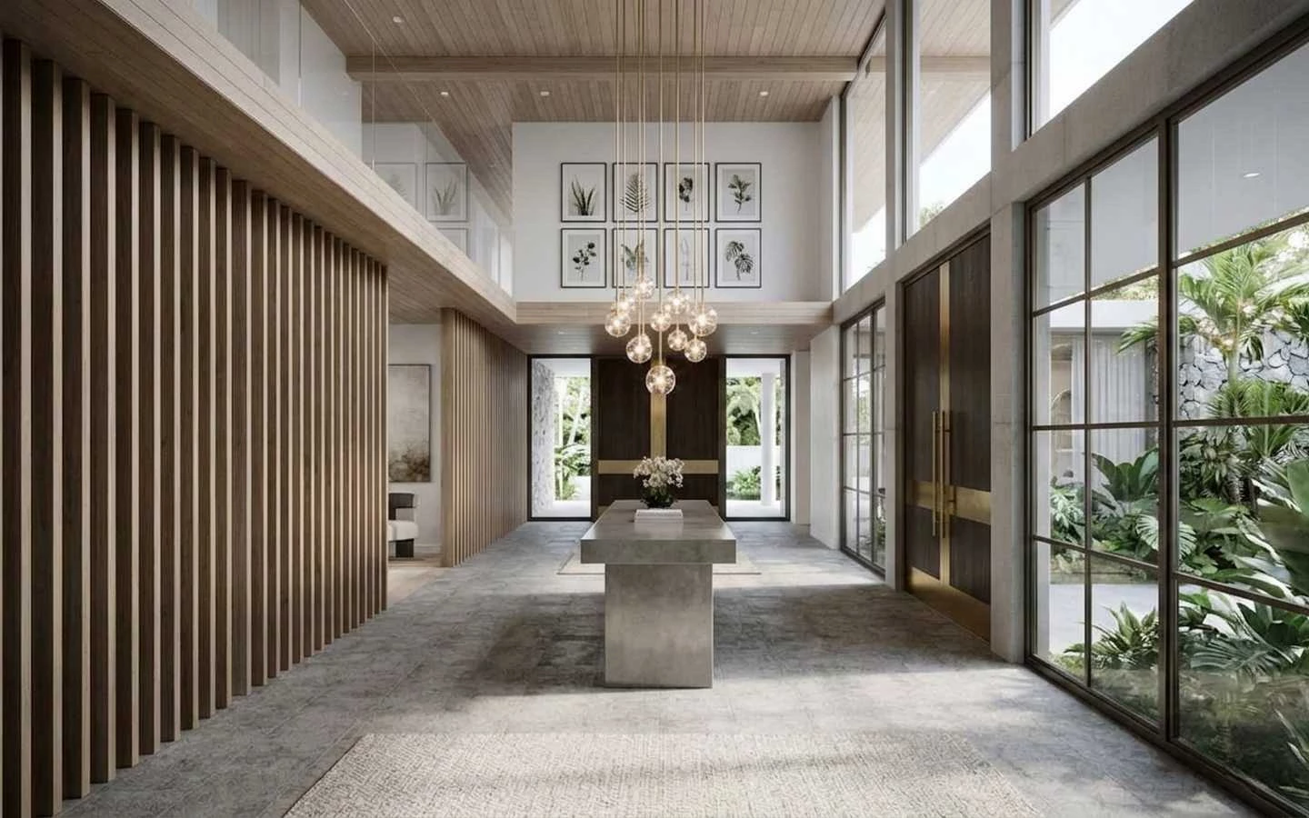 Modern style farmhouse entryway with a vertical wood slat wall, concrete floor, globe pendant lighting, and large glass doors
