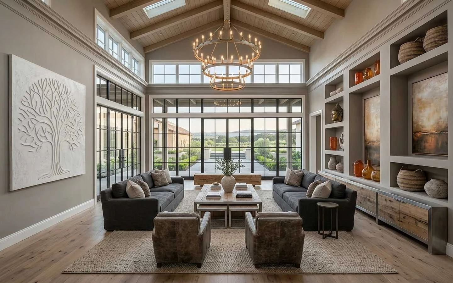 Spacious modern farmhouse great room with vaulted wood ceilings, skylights, a large wagon wheel chandelier, and charcoal sofas facing a private courtyard view
