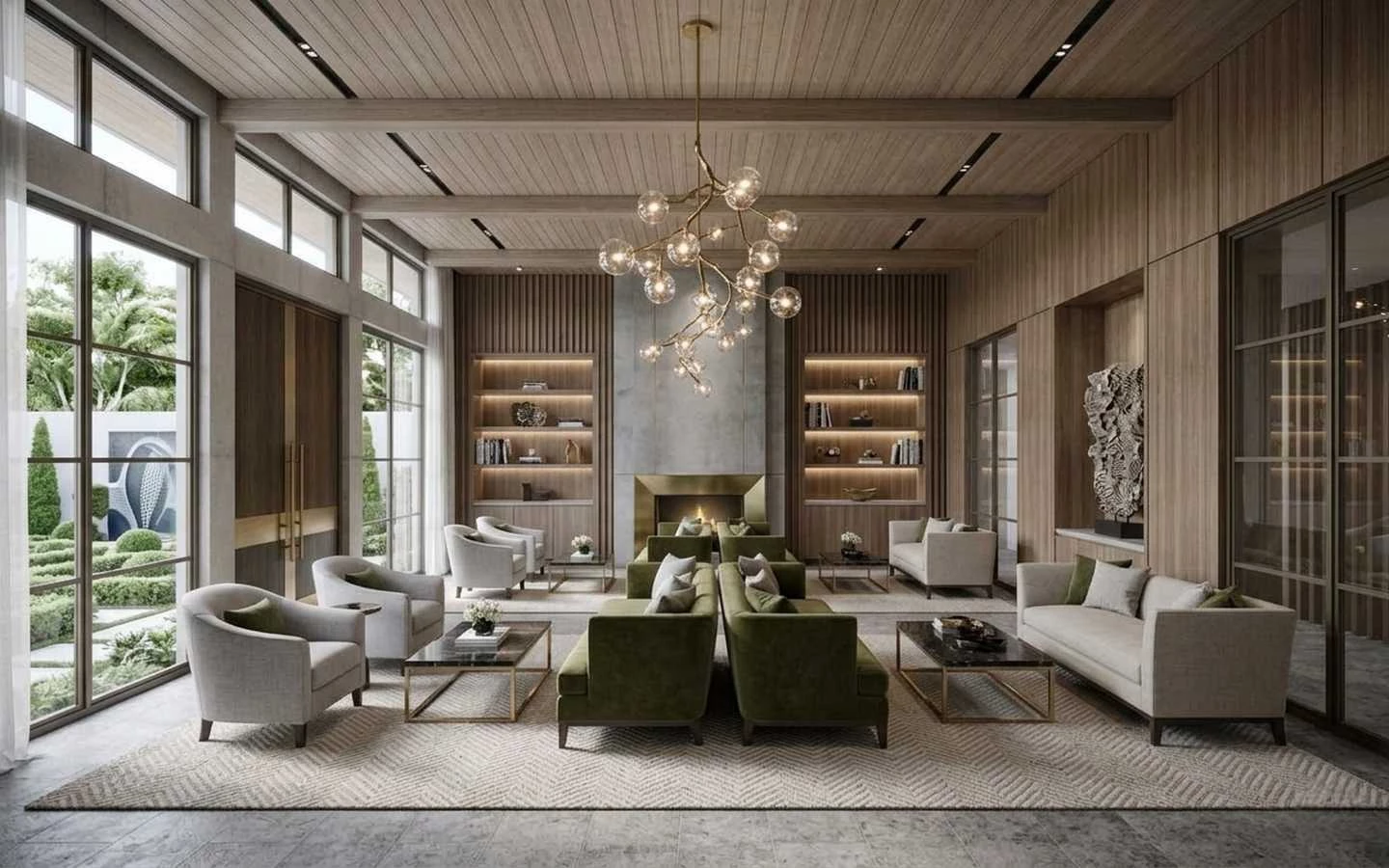 Modern farmhouse living room with wood slat walls, olive green sofas, a concrete fireplace, and a gold branch-style bubble chandelier