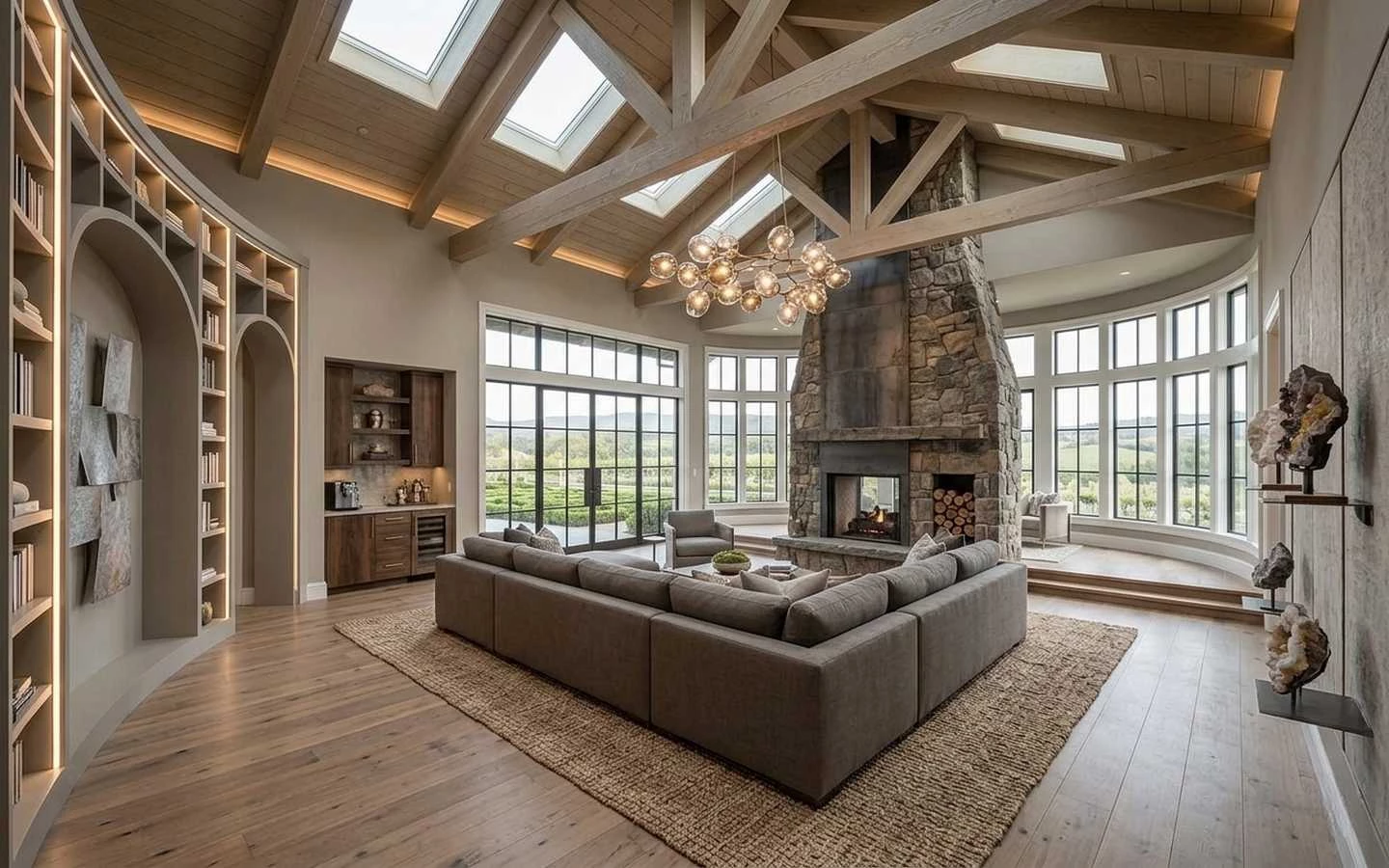 Luxury modern farmhouse living room with a floor-to-ceiling fieldstone fireplace, vaulted timber truss ceiling with skylights, and custom arched built-in shelving
