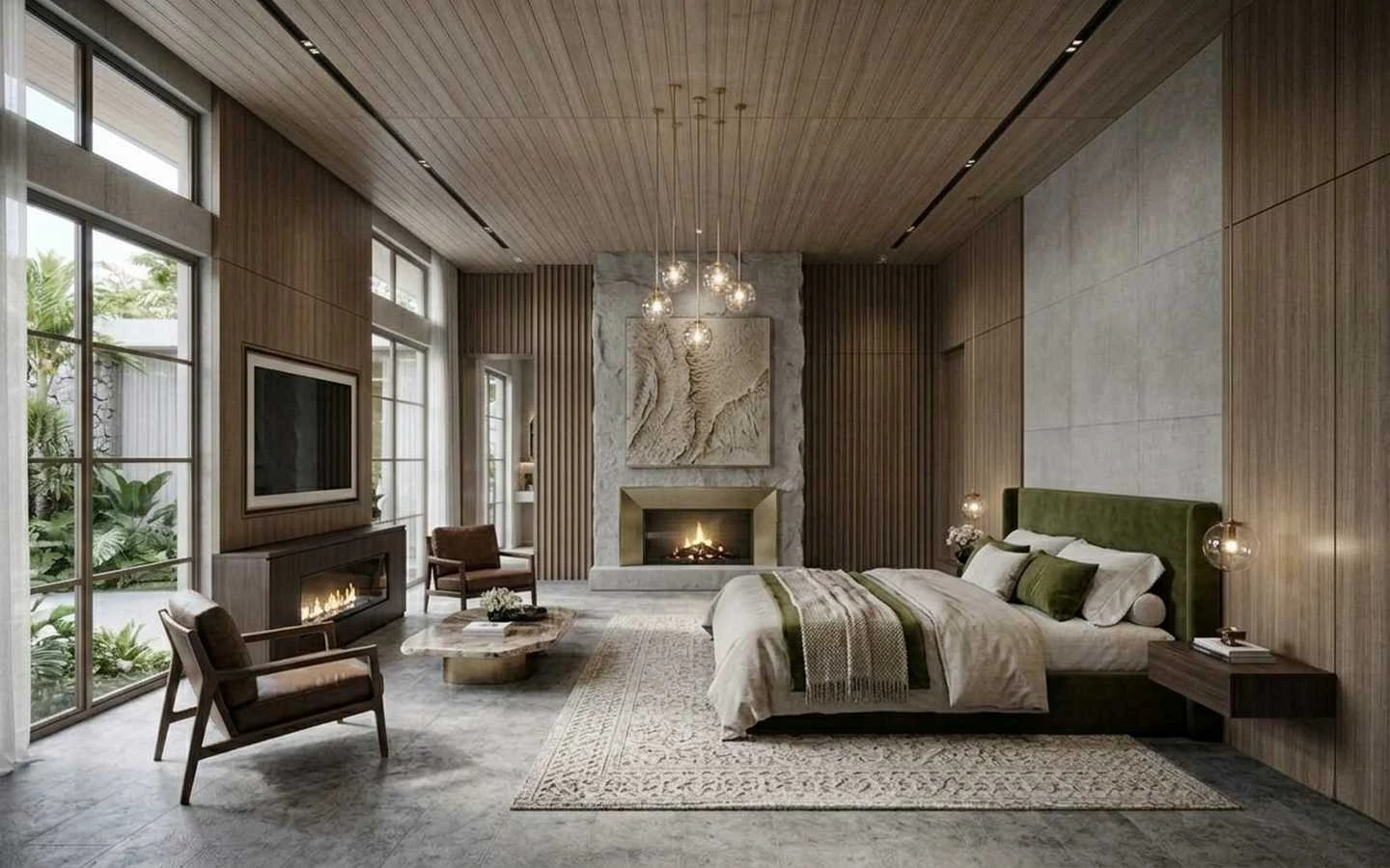 Luxury farmhouse master bedroom featuring a concrete accent wall, stone fireplace, wood slat paneling, and a green velvet bed with floor-to-ceiling windows