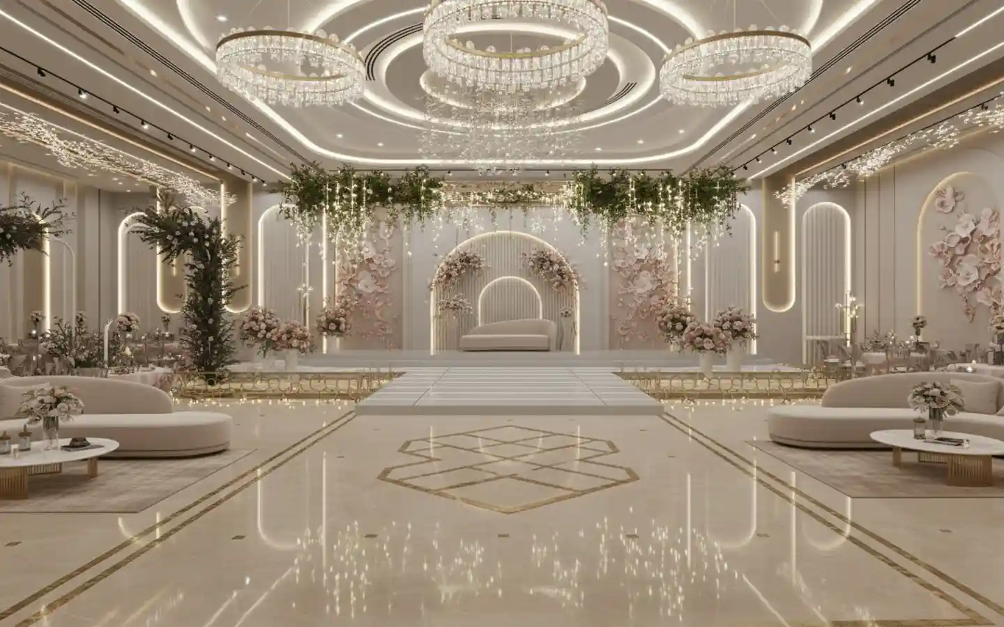 Contemporary banquet hall interior with a floral-themed wedding stage, circular crystal chandeliers, and curved white lounge seating with LED-lit wall arches