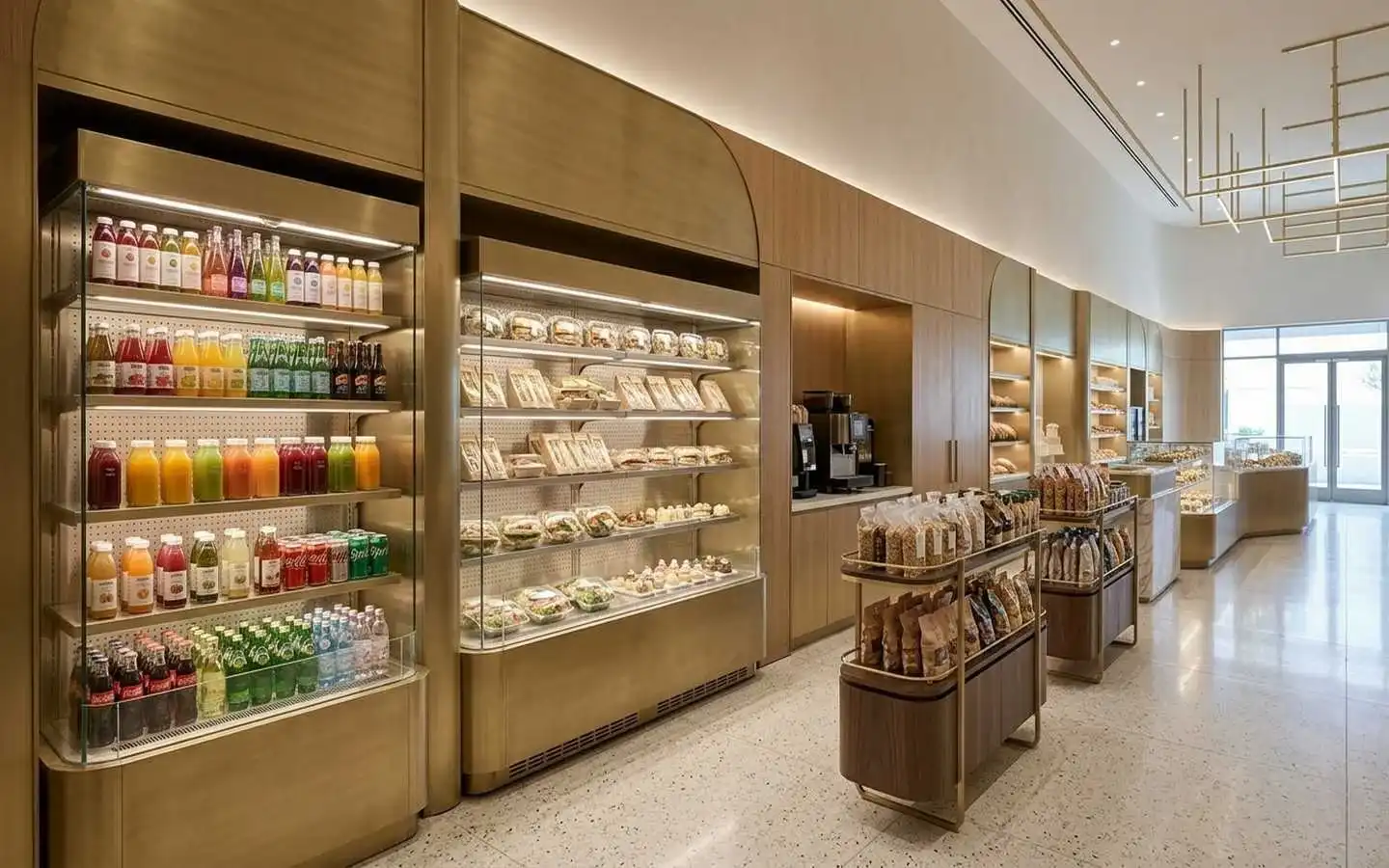 Modern gourmet deli interior featuring integrated gold-finished refrigerated displays, light wood wall paneling, terrazzo flooring, and organized retail shelving for snacks and beverages