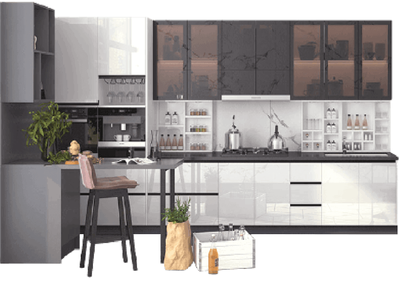 Modern kitchen interior design featuring two-tone grey and white cabinets, dark glass upper cupboards, built-in appliances, and a small breakfast bar with a brown stool