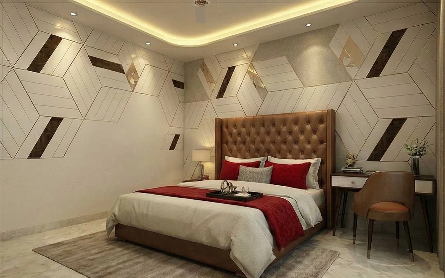 Modern guest bedroom design featuring a tufted tan leather wingback headboard, red accent bedding, and a signature white and wood geometric pattern wall with recessed lighting