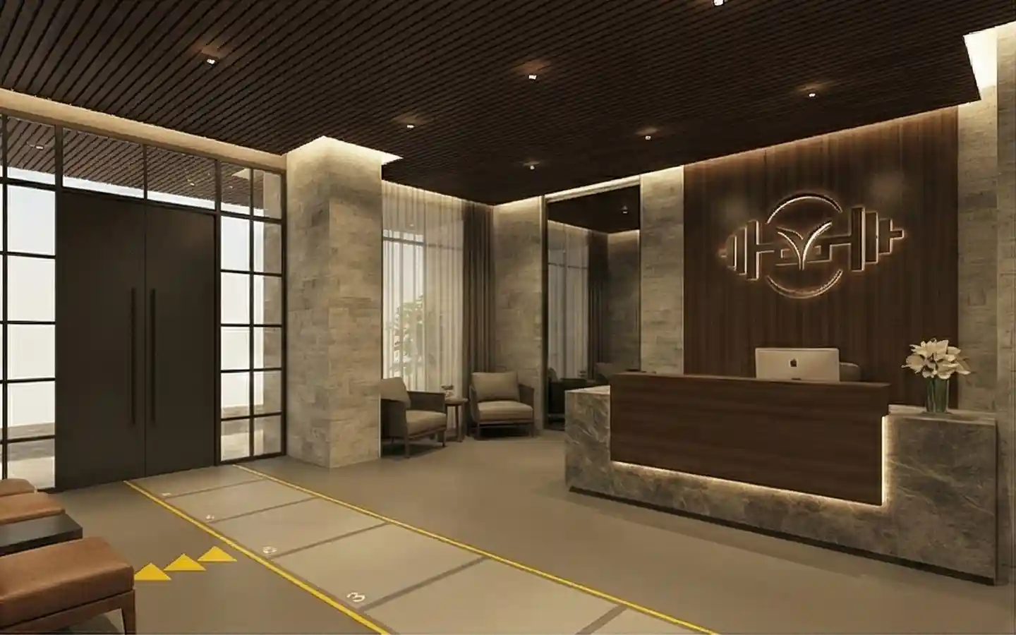 Upscale gym lobby design featuring a stone and wood reception desk, back-lit wall logo, slatted ceiling, and elegant waiting area
