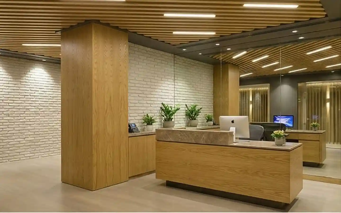 Modern fitness center reception area featuring a wooden front desk, white brick accent wall, and a linear slatted wood ceiling with integrated lighting