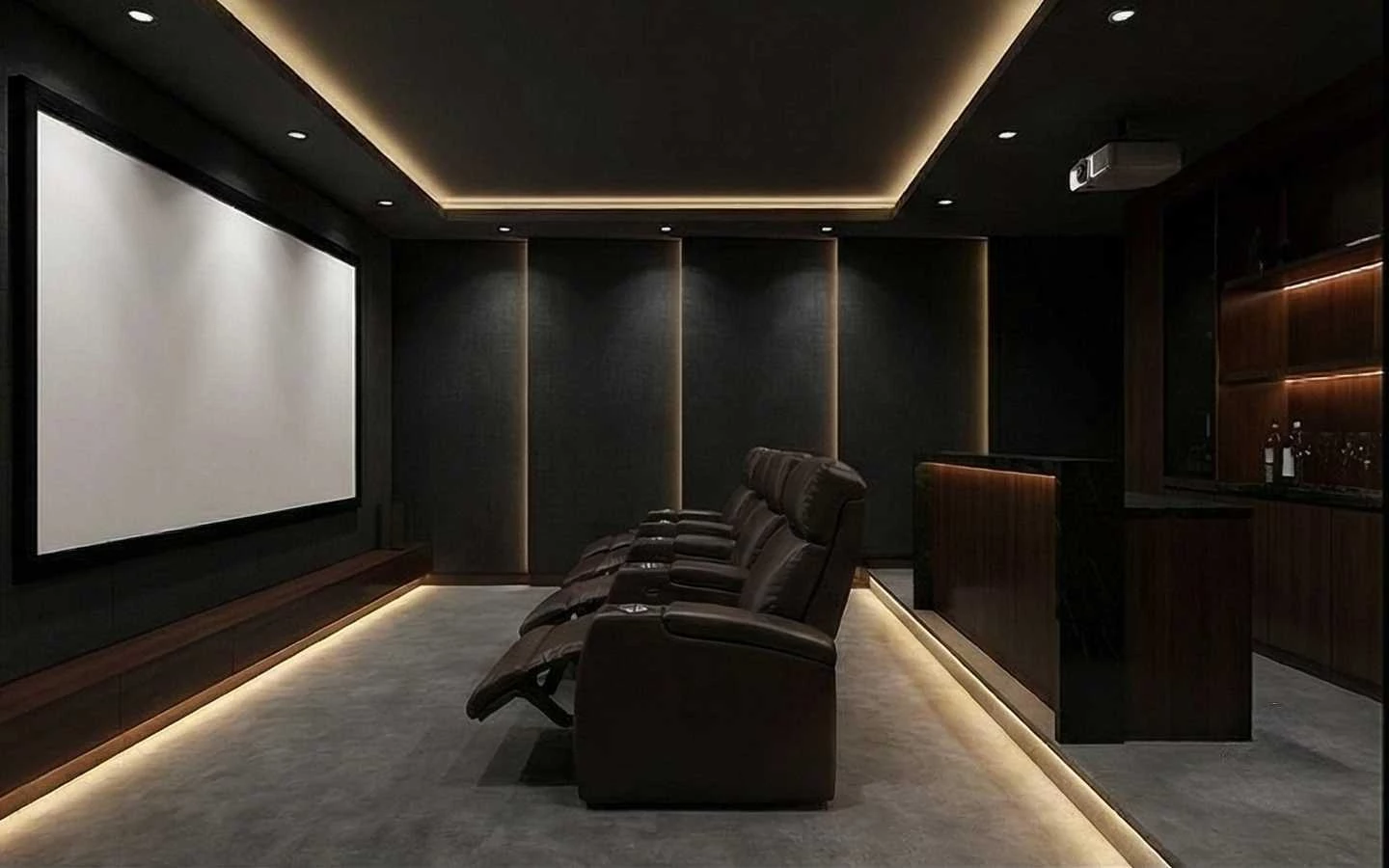 Modern home theater interior with reclining leather seats, large projector screen, ambient LED lighting, dark walls, and a built-in bar area
