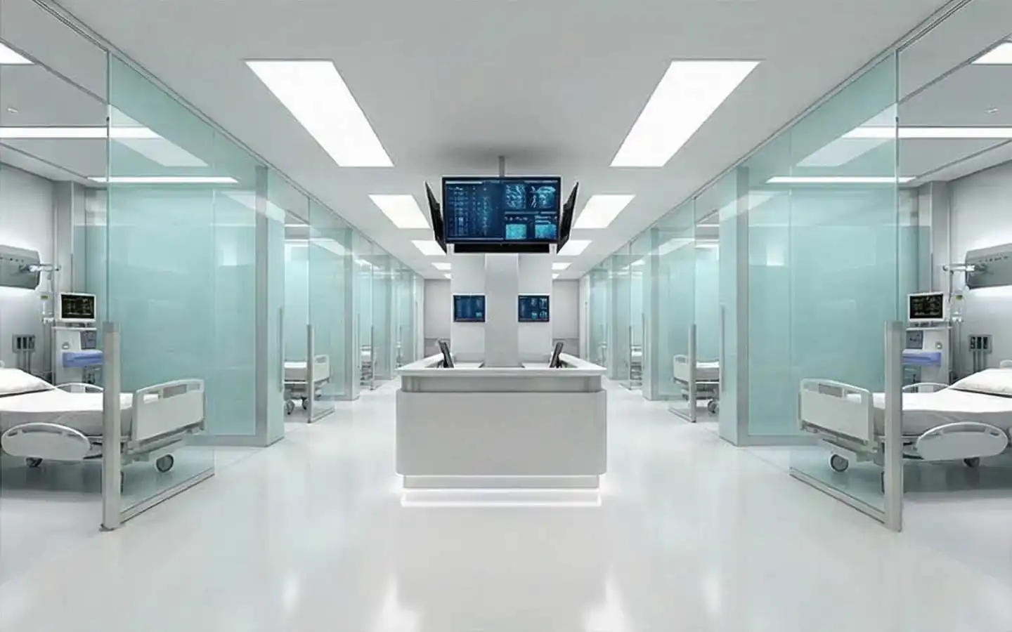Modern hospital ICU ward interior featuring glass-partitioned patient rooms, high-tech monitoring stations, and a minimalist sterile white design