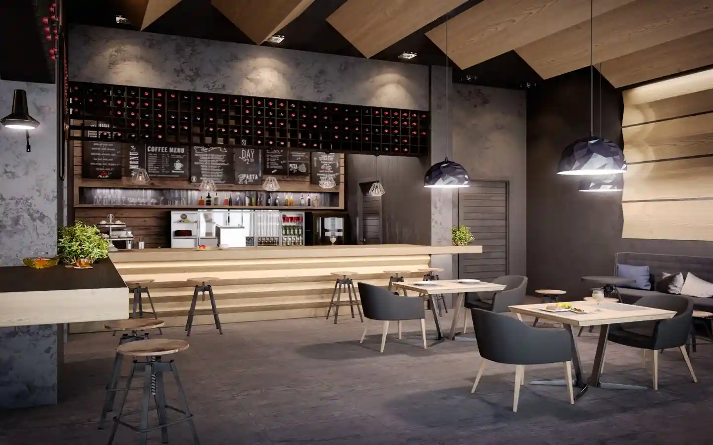 Modern industrial cafe interior with a light wood service counter, concrete-finish walls, geometric pendant lights, and a black grid wine rack