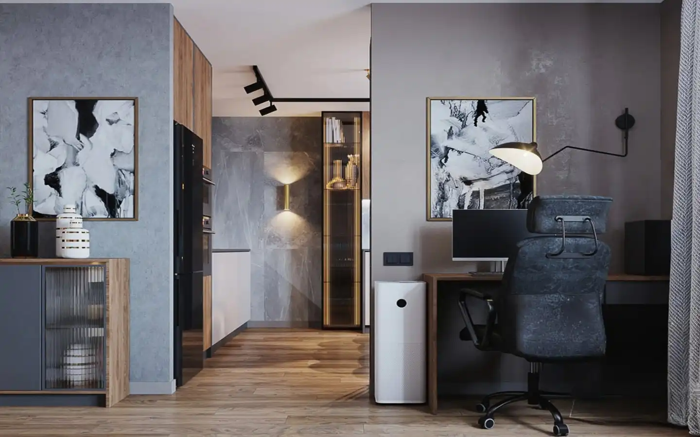 Modern industrial interior featuring a small home office with a grey ergonomic chair, a wooden desk, and a glimpse into a minimalist kitchen with wood cabinetry