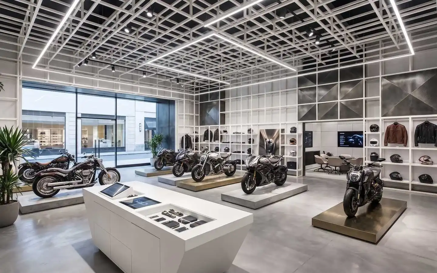 Modern industrial motorcycle showroom interior design featuring a white geometric grid ceiling, integrated LED lighting, and minimalist bike displays