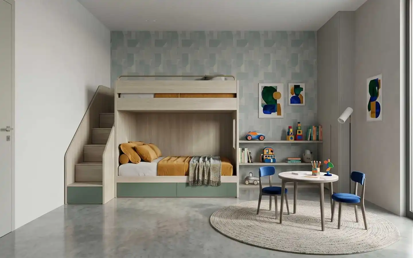 Modern kids' bedroom design featuring a light wood bunk bed with integrated stairs, a small round activity table with blue chairs, and a geometric pattern accent wall