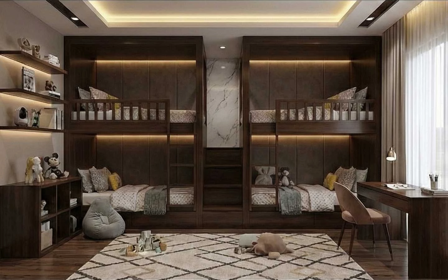 Modern kids’ bedroom interior with wooden bunk beds, study desk, open shelving, plush toys, and patterned area rug under ambient LED lighting