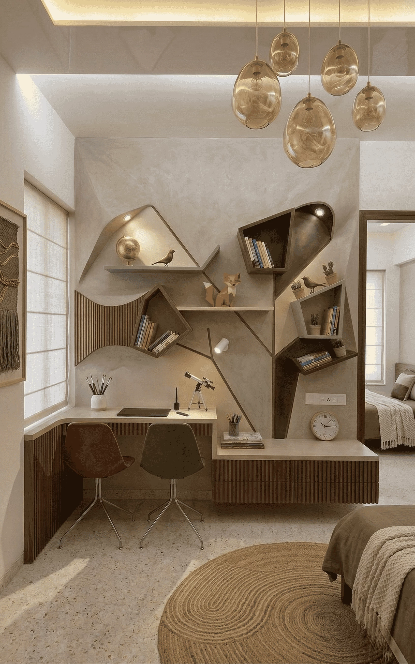 Modern kids bedroom featuring a custom geometric tree-shaped wall shelf, integrated study desk with two chairs, and amber glass pendant lights