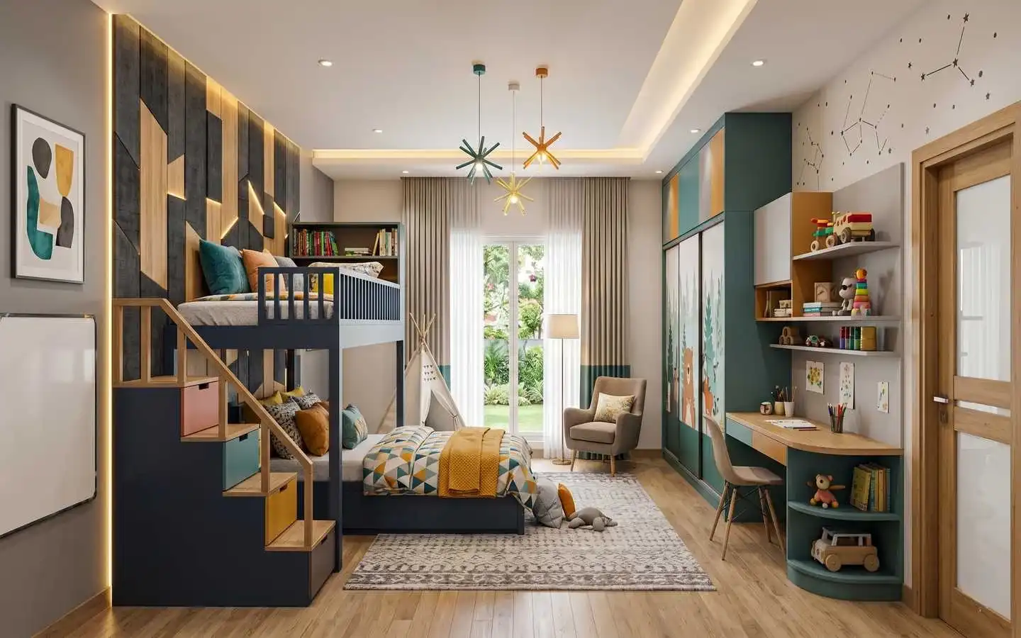Stylish kids' bedroom design with navy blue bunk beds, integrated study station, and forest-themed decor by interior designers in Delhi NCR
