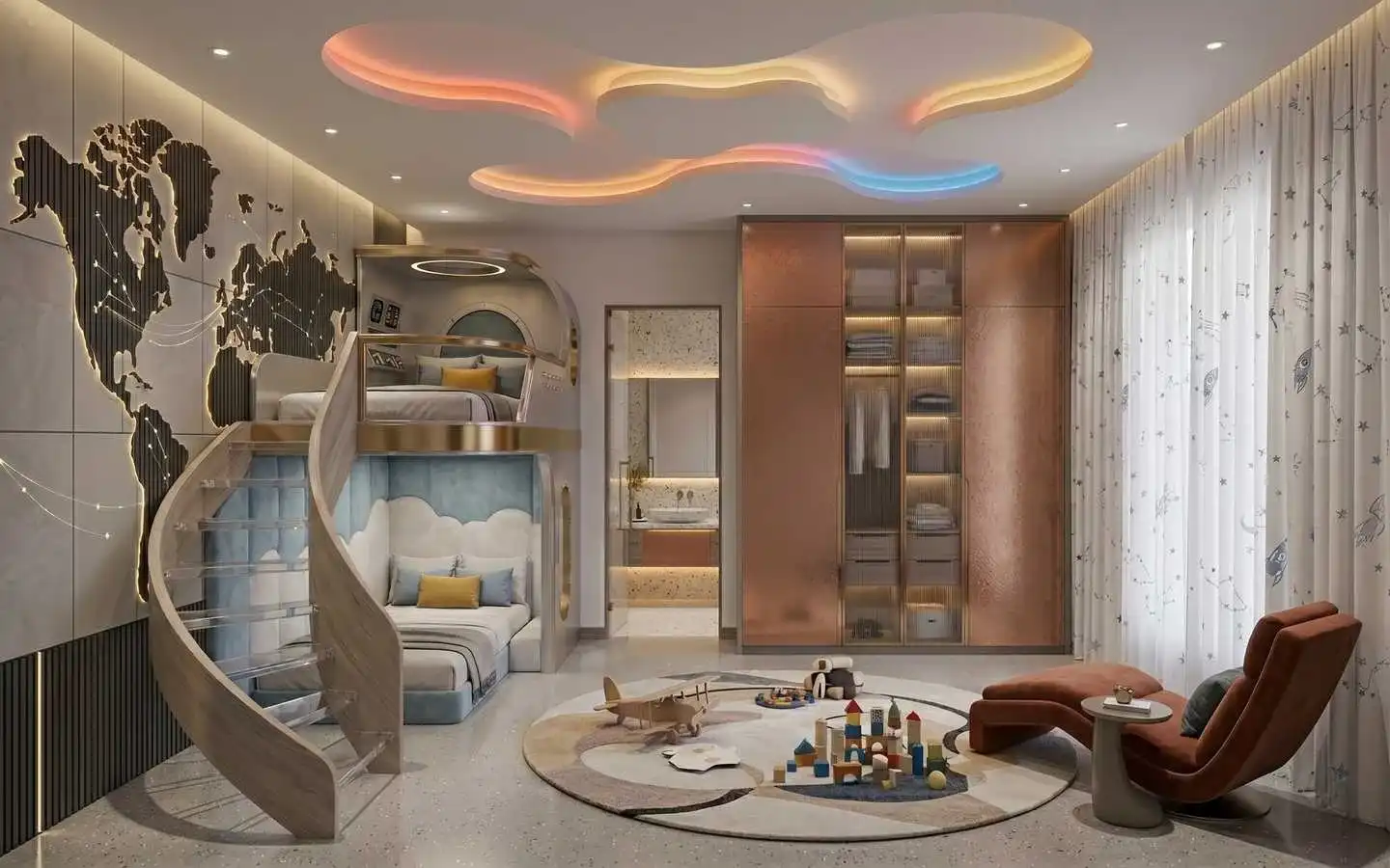Contemporary kids' bedroom with a unique spiral staircase bunk bed, world map wall art, and elegant lighting by interior decorators in Delhi NCR