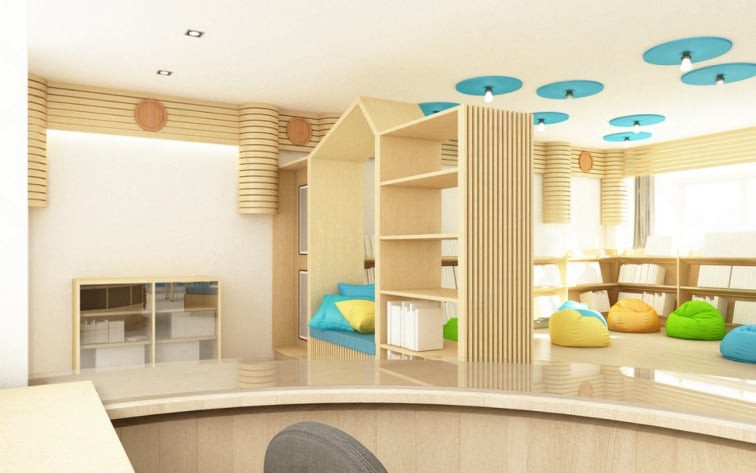 Modern kids’ library interior with reading nooks, colorful bean bags, wooden shelves, bright natural lighting, and playful ceiling accents in blue
