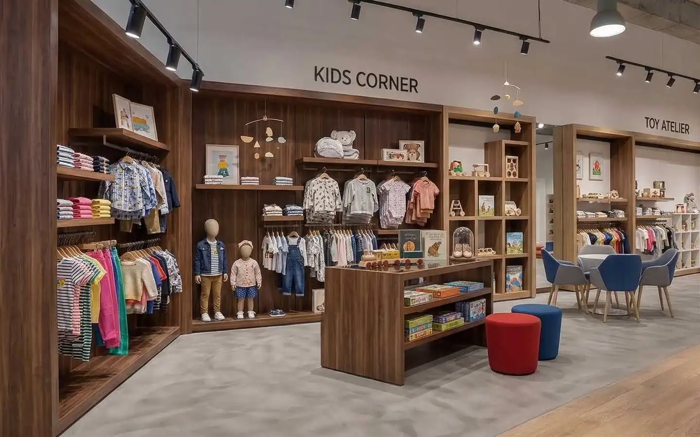 Modern kids' showroom interior featuring 'Kids Corner' and 'Toy Atelier' sections with premium wood shelving, children's apparel displays, and colorful seating